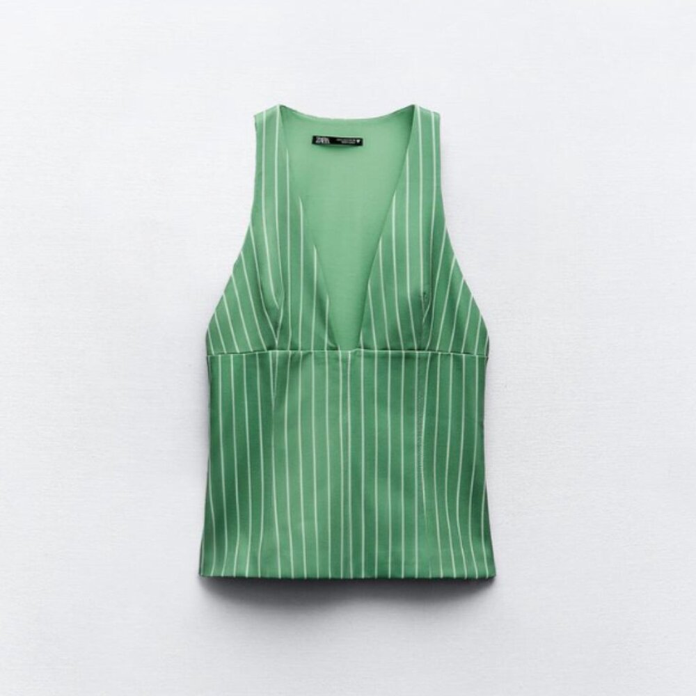 NWOT Zara Striped Print Deep V Vest Sleeveless Top Shirt Green White Size Large